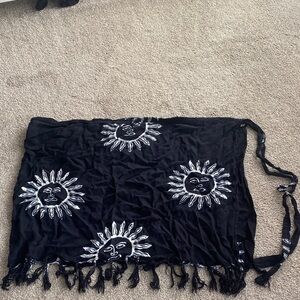 Black Sun Print Sarong with Fringe